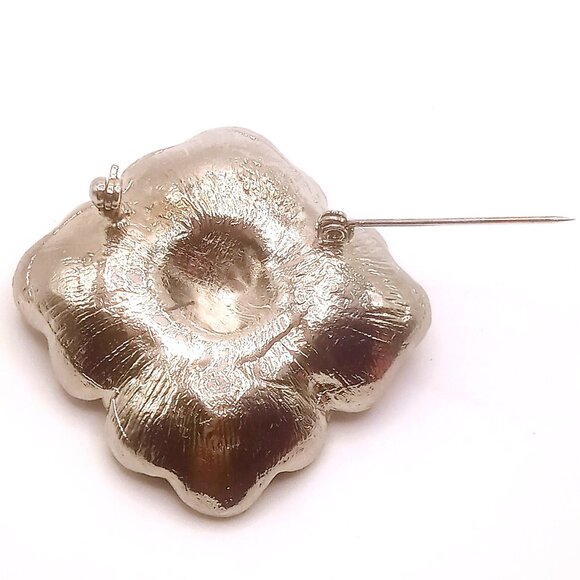 Vintage Brooch Floral Silver-tone Metal Alloy Red Enamel Rhinestone 2" Diameter - Picture 5 of 8